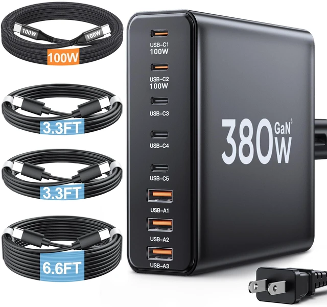 Main image of 380W USB C Charger Block with 4 USB Cables Dual 100W Charging Station | 8-Port USB C Charging Station Laptop Charger Fast Type C Charging Block for MacBook Pro