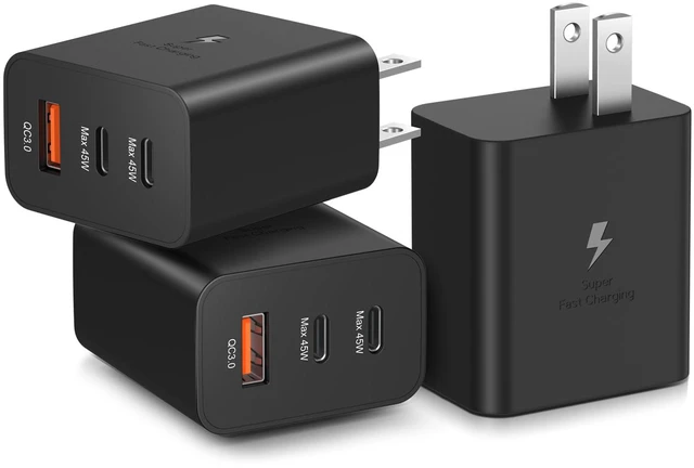 Main image of Dual 45W USB C Charger, Super Fast Charger Type C + USB-A Multi Port | PD PPS Fast Charging Block Adapter for Galaxy S26 Ultra S25 FE S24 iPhone 17 Pro Max iPad Tab S11 Android Phones, 3Pack Black