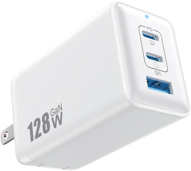 Main image of 128W USB C Wall Charger,GaN III 3-Port Fast Charging Station,PD QC Foldable Charger Block Portable 65W Laptop Adapter for MacBook Pro/Air,iPad Pro,Galaxy S23,Dell XPS 13,iPhone 17/16/Pro etc