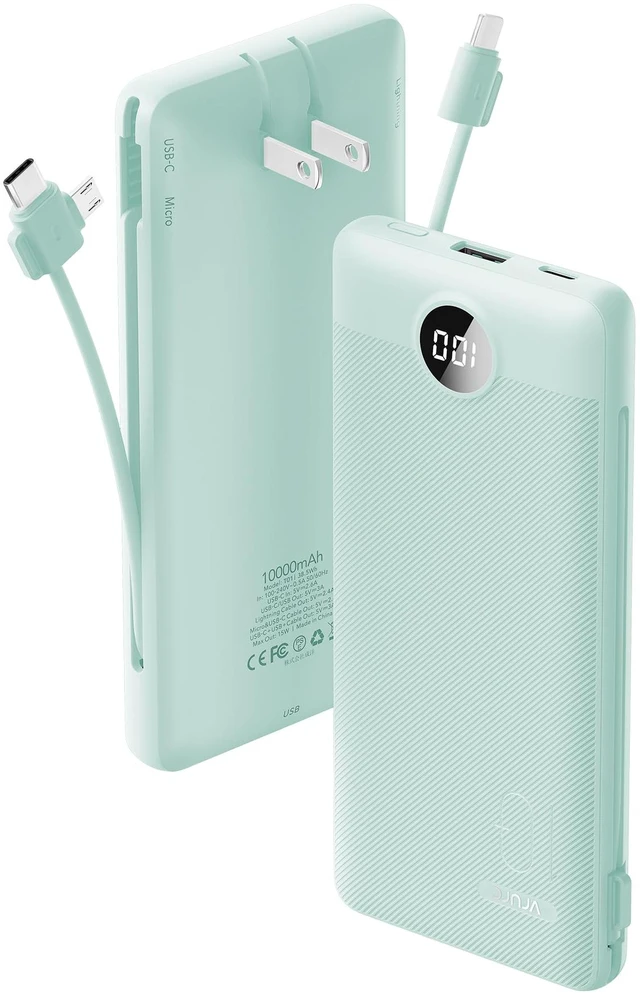 Main image of Portable Charger Built-in Cables and AC Wall Plug, USB C Power Bank 10000mAh, Travel Battery Portable Phone Charger Compact Lightweight External Battery Pack for Smart Phones, Tablets etc-Green