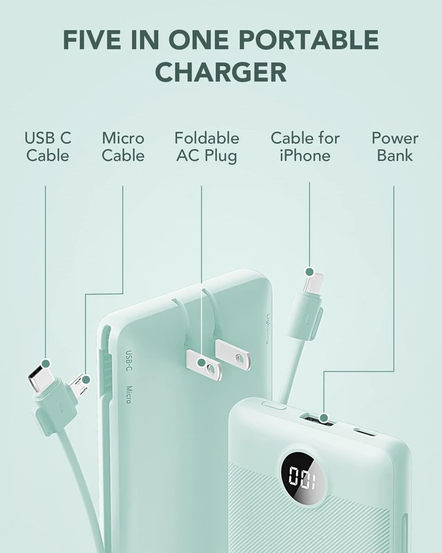 Alt view image 3 of 7 - Portable Charger Built-in Cables and AC Wall Plug, USB C Power Bank 10000mAh, Travel Battery Portable Phone Charger Compact Lightweight External Battery Pack for Smart Phones, Tablets etc-Green
