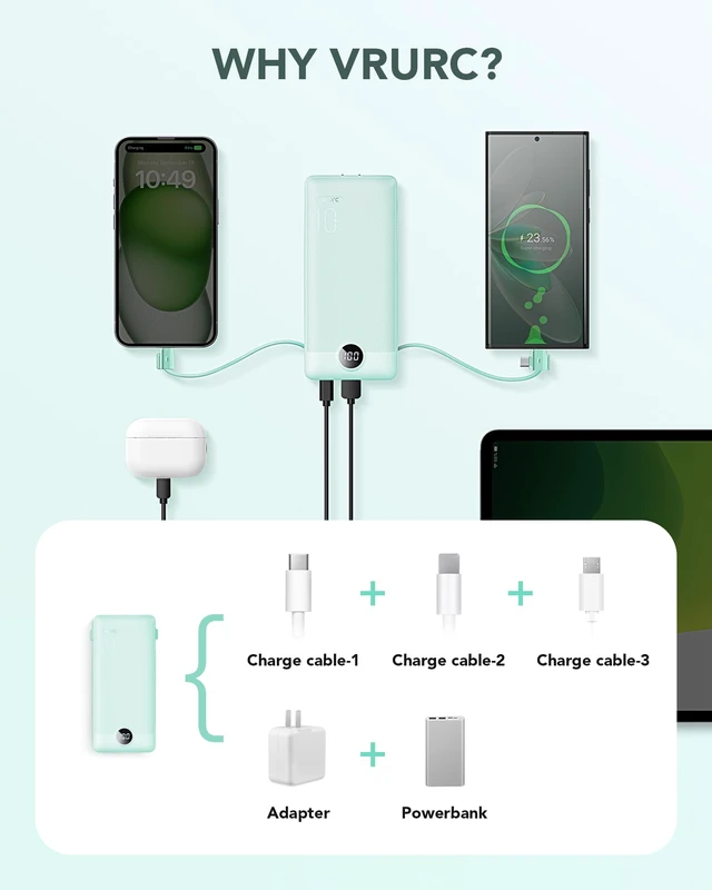 Alt view image 4 of 7 - Portable Charger Built-in Cables and AC Wall Plug, USB C Power Bank 10000mAh, Travel Battery Portable Phone Charger Compact Lightweight External Battery Pack for Smart Phones, Tablets etc-Green