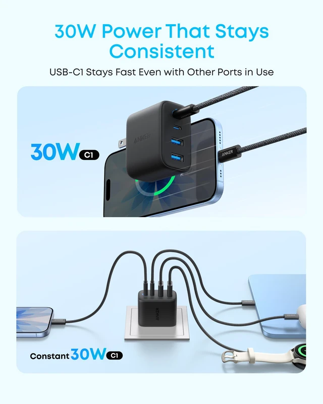 Alt view image 3 of 5 - Zolo USB C Charger Block, 50W Max Output Type C Charger Fast Charging | 2 USB C and 2 USB A, for iPhone 17/17 Pro Max/16 Series, MacBook, iPad, Pixel, Galaxy, Apple Watch and More (2-Pack, Black)