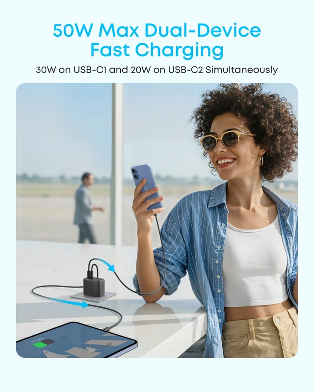 Alt view image 4 of 5 - Zolo USB C Charger Block, 50W Max Output Type C Charger Fast Charging | 2 USB C and 2 USB A, for iPhone 17/17 Pro Max/16 Series, MacBook, iPad, Pixel, Galaxy, Apple Watch and More (2-Pack, Black)