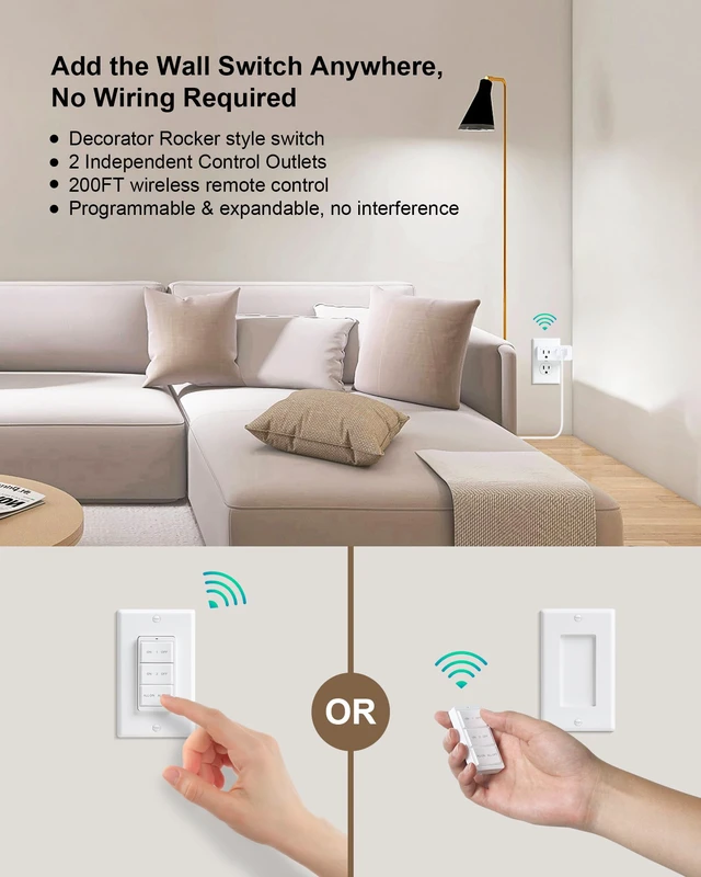 Alt view image 2 of 7 - 2-Outlet Remote Control with Independent Sockets, Decorator Rocker Switch | Portable Magnetic Switch, 200FT Wireless Range, Mini Plug, 15A/1875W, Remote Switch for Lamps/Lights/Household Appliances
