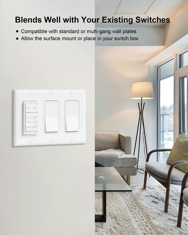 Alt view image 5 of 7 - 2-Outlet Remote Control with Independent Sockets, Decorator Rocker Switch | Portable Magnetic Switch, 200FT Wireless Range, Mini Plug, 15A/1875W, Remote Switch for Lamps/Lights/Household Appliances