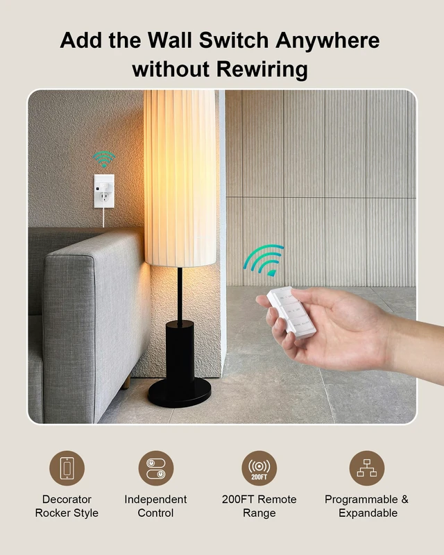 Alt view image 3 of 7 - 2-Outlet Remote Control with Independent Sockets, Decorator Rocker Switch | Portable Magnetic Switch, 200FT Wireless Range, Mini Plug, 15A/1875W, Remote Switch for Lamps/Lights/Household Appliances