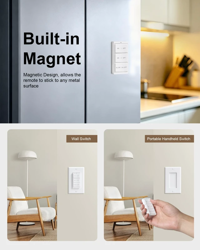 Alt view image 7 of 7 - 2-Outlet Remote Control with Independent Sockets, Decorator Rocker Switch | Portable Magnetic Switch, 200FT Wireless Range, Mini Plug, 15A/1875W, Remote Switch for Lamps/Lights/Household Appliances