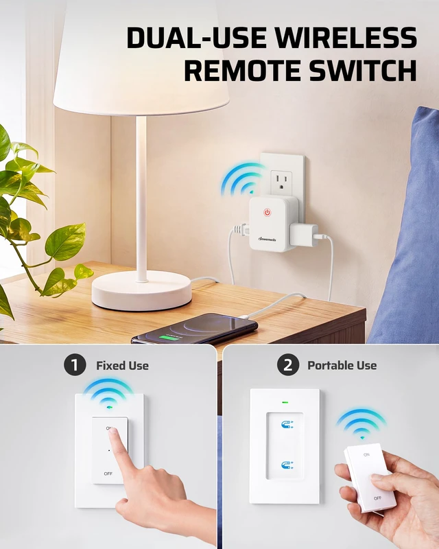 Alt view image 3 of 7 - Indoor Wireless Light Switch, 2 Side Outlets, 15A/1875W | 2 Magnetic Remotes & 1 Outlet, No Wiring, 100FT Range, Programmable (Same Model) for Lamps, Fans, Household Appliance