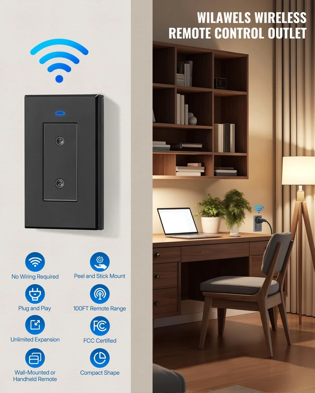 Alt view image 3 of 7 - Black Remote Control Outlet Plug, Wireless Light Switch, On Off Remote Switch Outlet for Lights, Lamps, Home Appliance, 100ft RF Range, No Wiring, FCC Listed H05RC1106