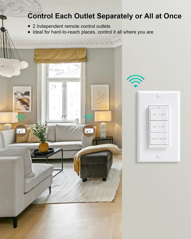 Alt view image 2 of 7 - Remote Control Outlet with Decorator Rocker Magnetic Wall Switch | Portable Magnetic Switch, 200FT Wireless Range, Mini Plug, 15A/1875W, for Lamps/Lights/Household Appliances, ETL & FCC Listed
