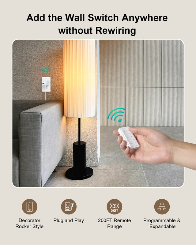 Alt view image 3 of 7 - Remote Control Outlet with Decorator Rocker Magnetic Wall Switch | Portable Magnetic Switch, 200FT Wireless Range, Mini Plug, 15A/1875W, for Lamps/Lights/Household Appliances, ETL & FCC Listed