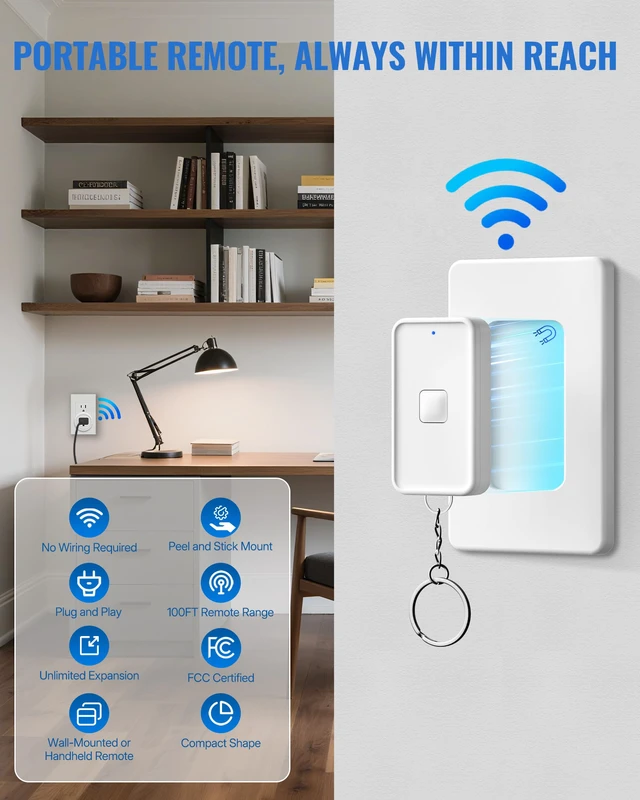 Alt view image 3 of 7 - Remote Control Outlet Wireless Wall Switch, Wireless On Off Remote Switch Outlet with Magnetic Base for Light, Lamp, 100ft RF Range, 10A/1250W, Two Switches for One 0utlet W14RC2106
