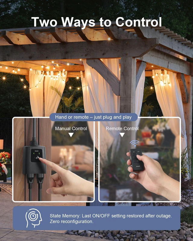 Alt view image 4 of 7 - 2 Independent Control Outdoor Remote Outlets with Magnetic Switch | 200FT Wireless Range, Portable Remote Switch, 15A/1875W, Weatherproof for Lights, Fountains, Pumps, Appliances, ETL Listed
