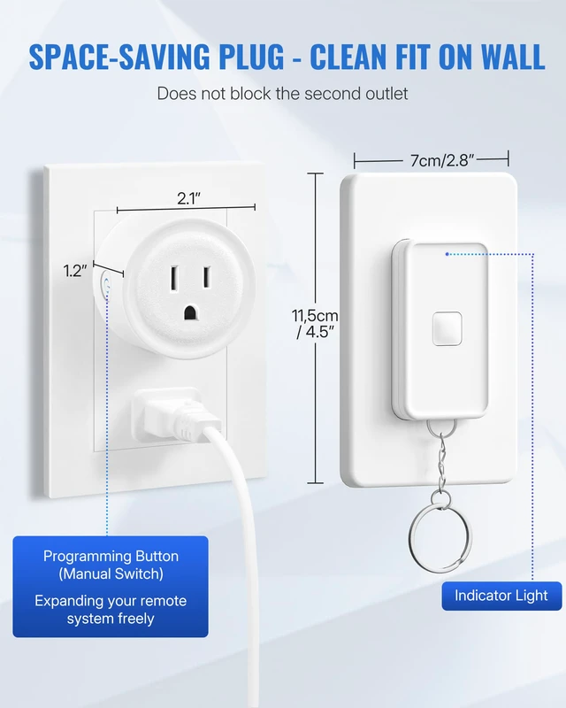 Alt view image 7 of 7 - Remote Control Outlet Wireless Wall Switch, Wireless On Off Remote Switch Outlet with Magnetic Base for Light, Lamp, 100ft RF Range, 10A/1250W, Two Switches for One 0utlet W14RC2106
