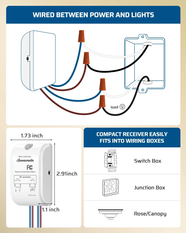 Alt view image 5 of 7 - Wireless Light Switch Kit, No Wiring, 10A/1000W | 1 Pack Switch+1 Receiver, 100FT RF Range, Remote Control for Ceiling Lights, Fans, Lamps, Hard to Reach Lighting