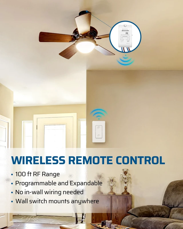 Alt view image 4 of 7 - Wireless Light Switch Kit, No Wiring, 10A/1000W | 1 Pack Switch+1 Receiver, 100FT RF Range, Remote Control for Ceiling Lights, Fans, Lamps, Hard to Reach Lighting