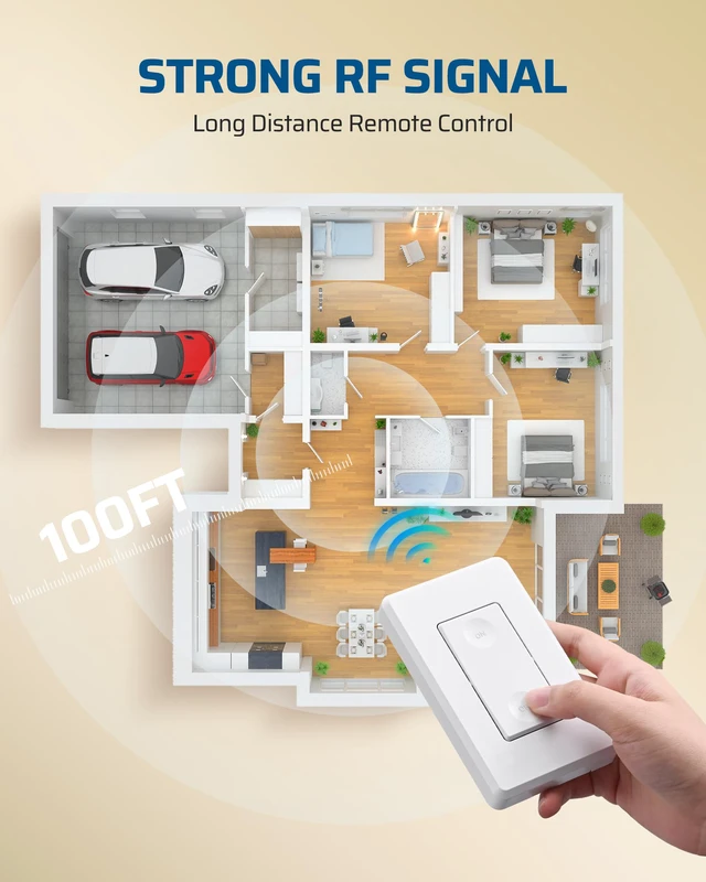 Alt view image 3 of 7 - Wireless Light Switch Kit, No Wiring, 10A/1000W | 1 Pack Switch+1 Receiver, 100FT RF Range, Remote Control for Ceiling Lights, Fans, Lamps, Hard to Reach Lighting