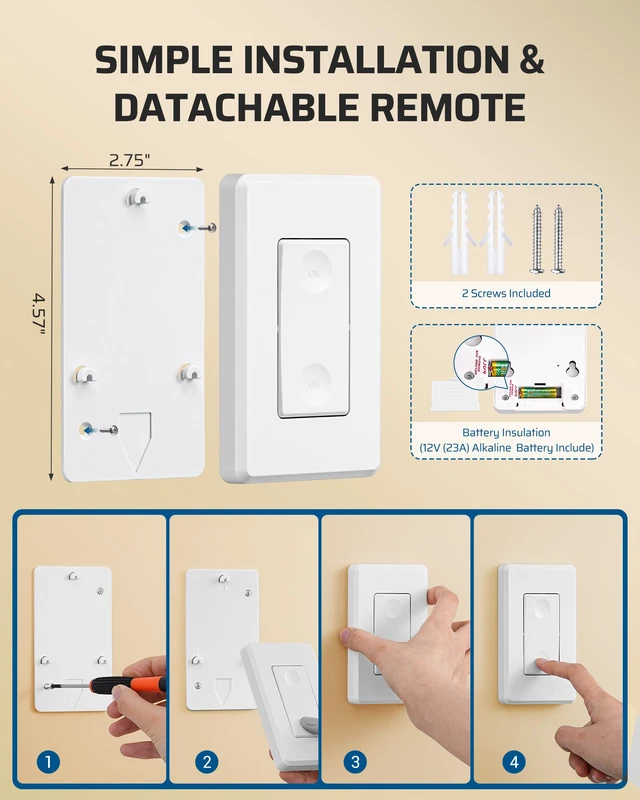 Alt view image 6 of 7 - Wireless Light Switch Kit, No Wiring, 10A/1000W | 1 Pack Switch+1 Receiver, 100FT RF Range, Remote Control for Ceiling Lights, Fans, Lamps, Hard to Reach Lighting