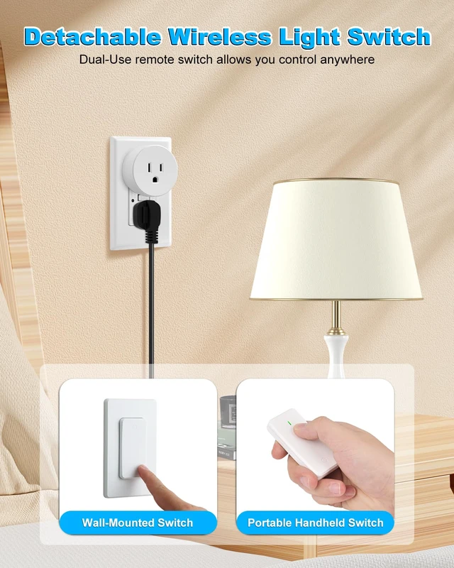 Alt view image 5 of 7 - Remote Control Outlet with Detachable Wireless Light Switch | No Wiring Needed,500FT Long Range,Programmable,IP66 Waterproof Wall Switch,15A 1500W LED for Lamps,Fans,Household Appliances