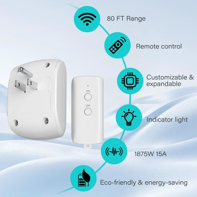 Alt view image 2 of 7 - 80 Ft Remote Control Outlet Plug On/Off Switch Kit, No WiFi Needed Wireless 3 Prong Power Light Switch, Long RF Range Low-Profile Compact for Lamps Fans Household Small Appliances Christmas-ETL-White