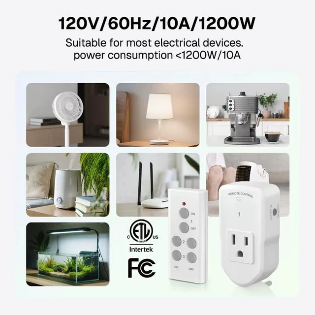 Alt view image 4 of 7 - Wireless Remote Control Outlet Electrical Switch for Lights, Fans, Christmas Lights, Small Appliance, 100ft Long Range White 10A/1200W, 1 Remote + 1 Outlet, ETL & FCC Certified