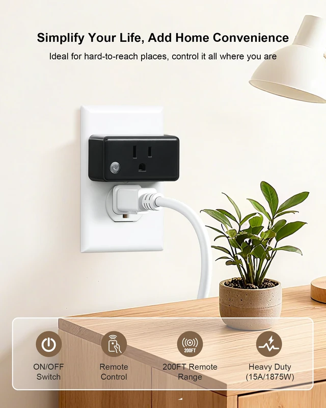 Alt view image 2 of 7 - Remote Control Outlet, 200FT Long Range Remote Light Switch, Black | Mini Electrical Outlet Plug, 15A/1875W High-Power for Lamps, Lights, Household Appliances, ETL & FCC Listed, Pre-Programmed