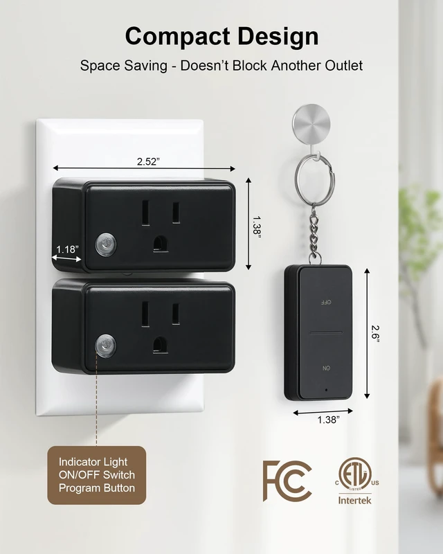Alt view image 5 of 7 - Remote Control Outlet, 200FT Long Range Remote Light Switch, Black | Mini Electrical Outlet Plug, 15A/1875W High-Power for Lamps, Lights, Household Appliances, ETL & FCC Listed, Pre-Programmed