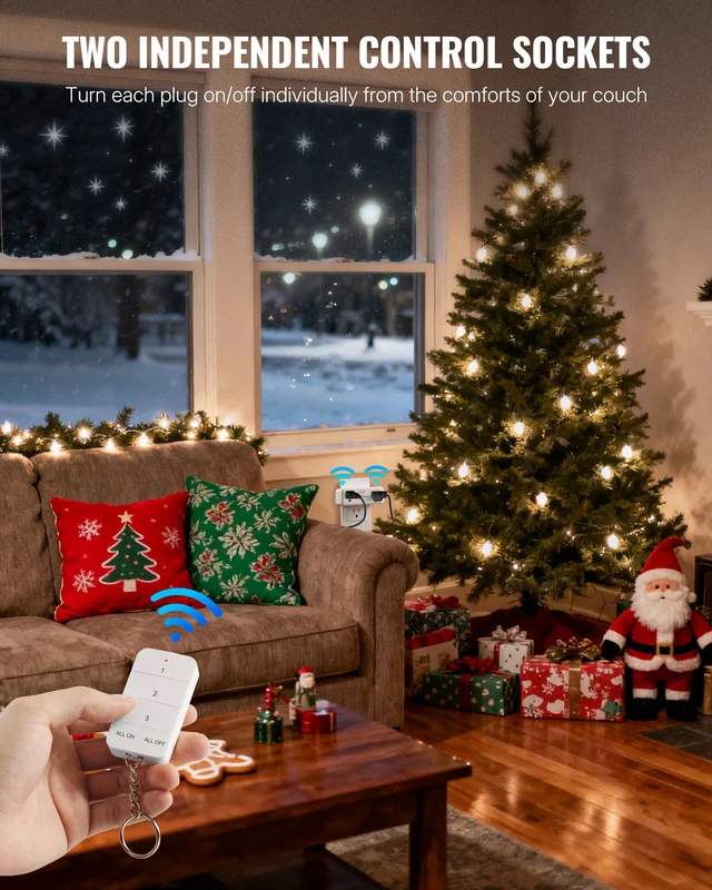 Alt view image 3 of 7 - Remote Control Outlet with 2 Independent Control Sockets, Wireless Light Switch, Expandable Remote Outlet Switch for Christmas Tree Lights, String Lights, 15A/1875W/125V, FCC Listed
