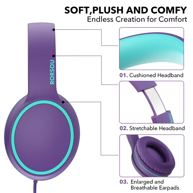 Alt view image 4 of 7 - R10 Over-Ear Headphones with Microphone, Lightweight Folding Stereo Bass Headset with 1.5M No-Tangle Cord, Portable Wired Headphones for Smartphone Tablet Computer MP3 / 4 (Purple)