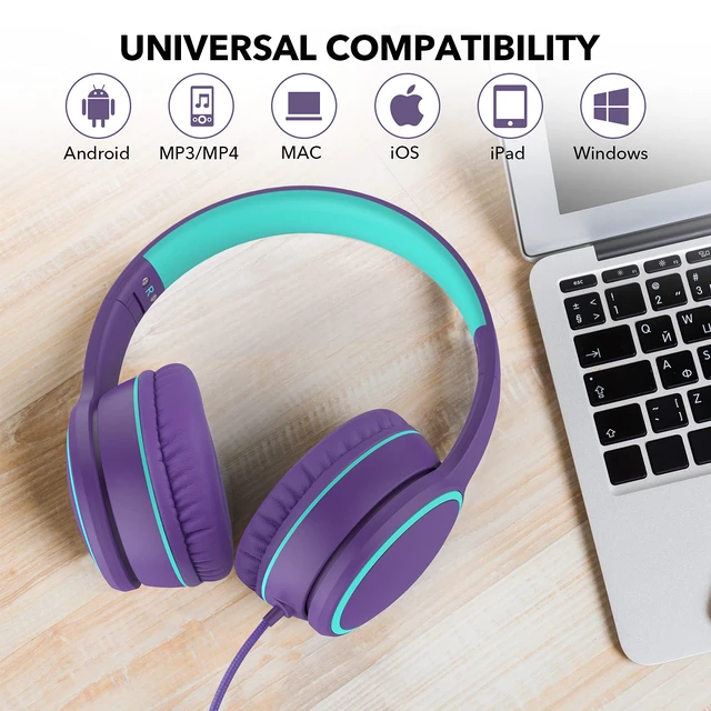 Alt view image 6 of 7 - R10 Over-Ear Headphones with Microphone, Lightweight Folding Stereo Bass Headset with 1.5M No-Tangle Cord, Portable Wired Headphones for Smartphone Tablet Computer MP3 / 4 (Purple)