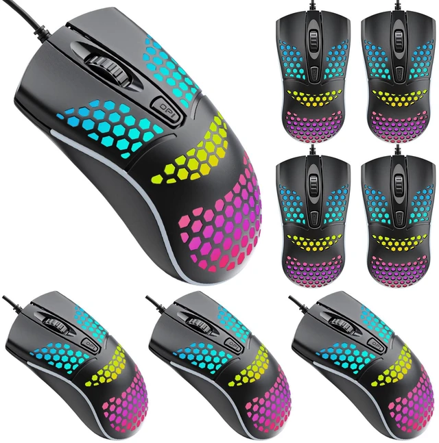 Main image of 8 Pack USB Wired Computer Mouse with RGB Lighting, Black | Ergonomic Optical Sensor, 3 Adjustable DPI Levels, Honeycomb Design for Ventilation, Corded for Office PC Desktop Laptop