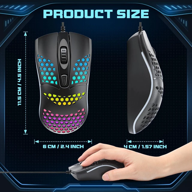Alt view image 2 of 7 - 8 Pack USB Wired Computer Mouse with RGB Lighting, Black | Ergonomic Optical Sensor, 3 Adjustable DPI Levels, Honeycomb Design for Ventilation, Corded for Office PC Desktop Laptop