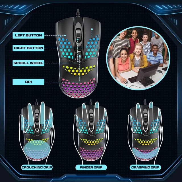 Alt view image 3 of 7 - 8 Pack USB Wired Computer Mouse with RGB Lighting, Black | Ergonomic Optical Sensor, 3 Adjustable DPI Levels, Honeycomb Design for Ventilation, Corded for Office PC Desktop Laptop