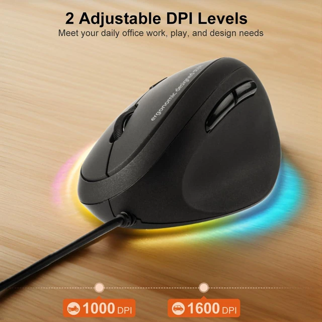 Alt view image 4 of 7 - Wired Ergonomic Mouse, Vertical Mouse for Small & Medium Hands, Black | Reduce Wrist Strain, 1000/1600 DPI, 5 Buttons, Plug and Play, For/Backward Function, Compatible with Win, Mac, PC, Laptop
