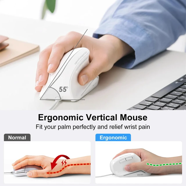 Alt view image 3 of 7 - Wired Ergonomic Vertical Mouse, Silent & Programmable Buttons, White | Remapping with Software, Optical USB Mouse, 1000/1600 DPI, Wrist Relief, 55° Natural Comfort, Compatible Win/Mac/Laptop/PC