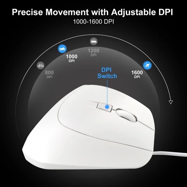 Alt view image 6 of 7 - Wired Ergonomic Vertical Mouse, Silent & Programmable Buttons, White | Remapping with Software, Optical USB Mouse, 1000/1600 DPI, Wrist Relief, 55° Natural Comfort, Compatible Win/Mac/Laptop/PC