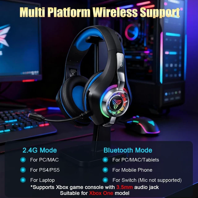 Alt view image 5 of 7 - 2.4GHz Wireless Gaming Headset for PS5/PS4/Switch, 45H RGB Lights | 2026 Gaming Headphones with ENC Mic, 7.1 Surround Sound, 40mm Drivers, <20ms Low Latency, 276g Lightweight, Memory Foam