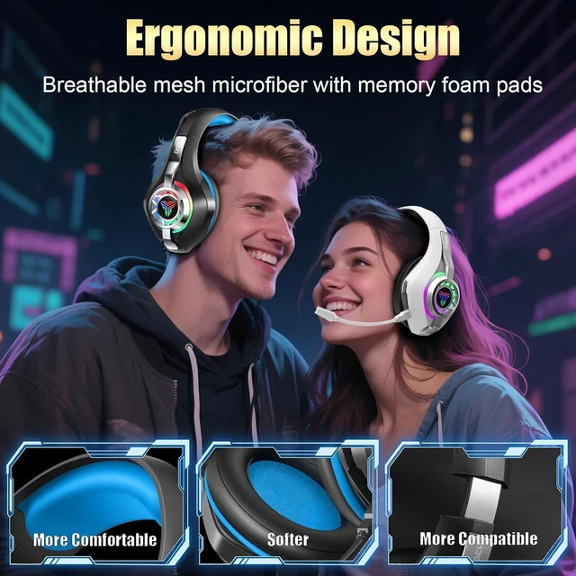 Alt view image 7 of 7 - 2.4GHz Wireless Gaming Headset for PS5/PS4/Switch, 45H RGB Lights | 2026 Gaming Headphones with ENC Mic, 7.1 Surround Sound, 40mm Drivers, <20ms Low Latency, 276g Lightweight, Memory Foam