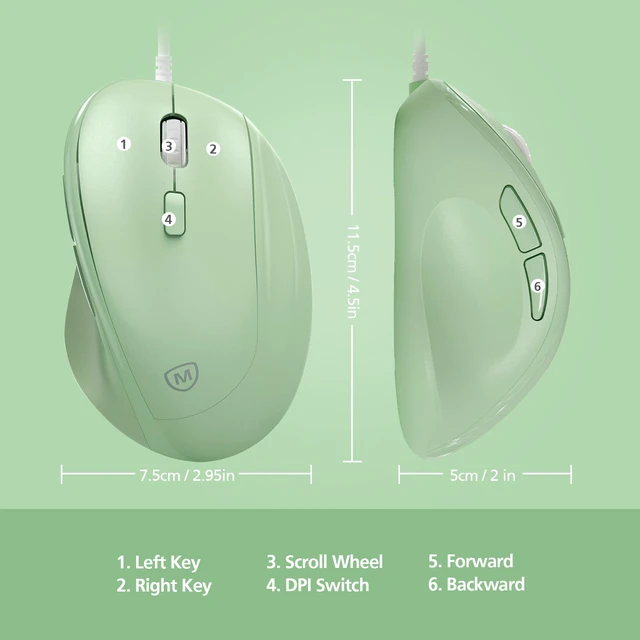 Alt view image 3 of 7 - Ergonomic Mouse Wired for Laptop, PC Computer and Desktop, Ergo Mouse Vertical with Silent Clicks, Up to 3200 DPI Adjustable Mouse Sensitivity, Green