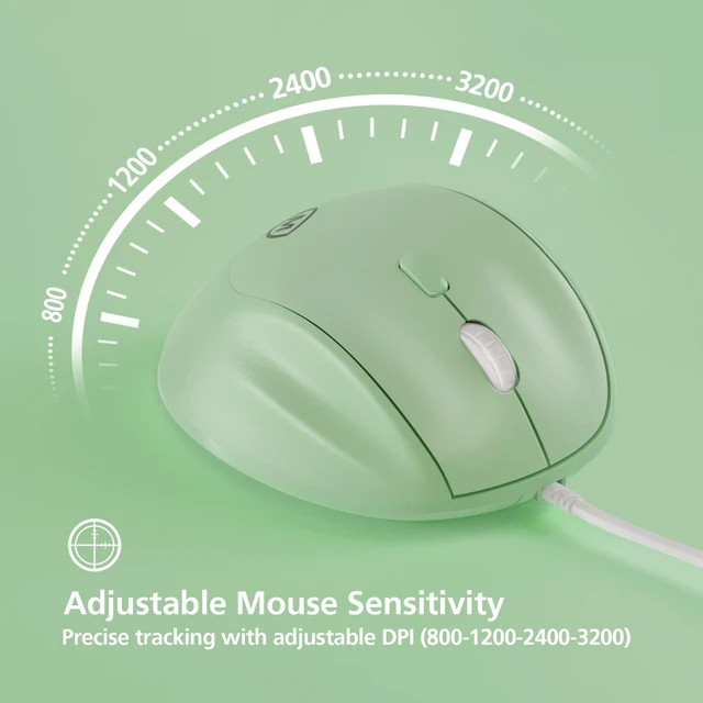 Alt view image 5 of 7 - Ergonomic Mouse Wired for Laptop, PC Computer and Desktop, Ergo Mouse Vertical with Silent Clicks, Up to 3200 DPI Adjustable Mouse Sensitivity, Green