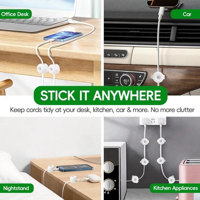 Alt view image 7 of 7 - 8-Pack Magnetic Cable Management Clips for home office desk, Cord organizer | reusable, strong adhesive, silicone wire staples keeper, stick-on wire holder clamps, nightstand, car dashboard