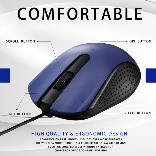 Alt view image 4 of 6 - 30 Pack Computer USB Wired Mouse Bulk 3 Button 800/1200 DPI Blue | Ergonomic Noiseless Corded Computer Mice for Laptop, PC Desktop, Computers, Office, School, Classroom Supplies