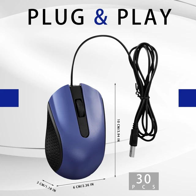 Alt view image 2 of 6 - 30 Pack Computer USB Wired Mouse Bulk 3 Button 800/1200 DPI Blue | Ergonomic Noiseless Corded Computer Mice for Laptop, PC Desktop, Computers, Office, School, Classroom Supplies