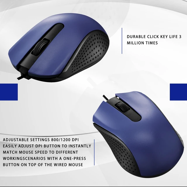Alt view image 3 of 6 - 30 Pack Computer USB Wired Mouse Bulk 3 Button 800/1200 DPI Blue | Ergonomic Noiseless Corded Computer Mice for Laptop, PC Desktop, Computers, Office, School, Classroom Supplies