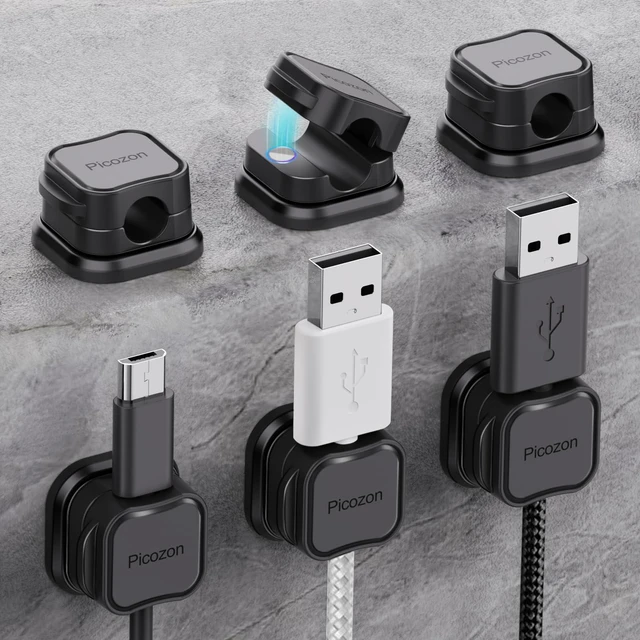 Main image of 6 Pack Magnetic Cable Clip Organizer Cord Holder, Adhesive Cable Management, Wire Phone USB Charger Cable Holder, Keeper Organizer for Office Home Desktop Table - Black
