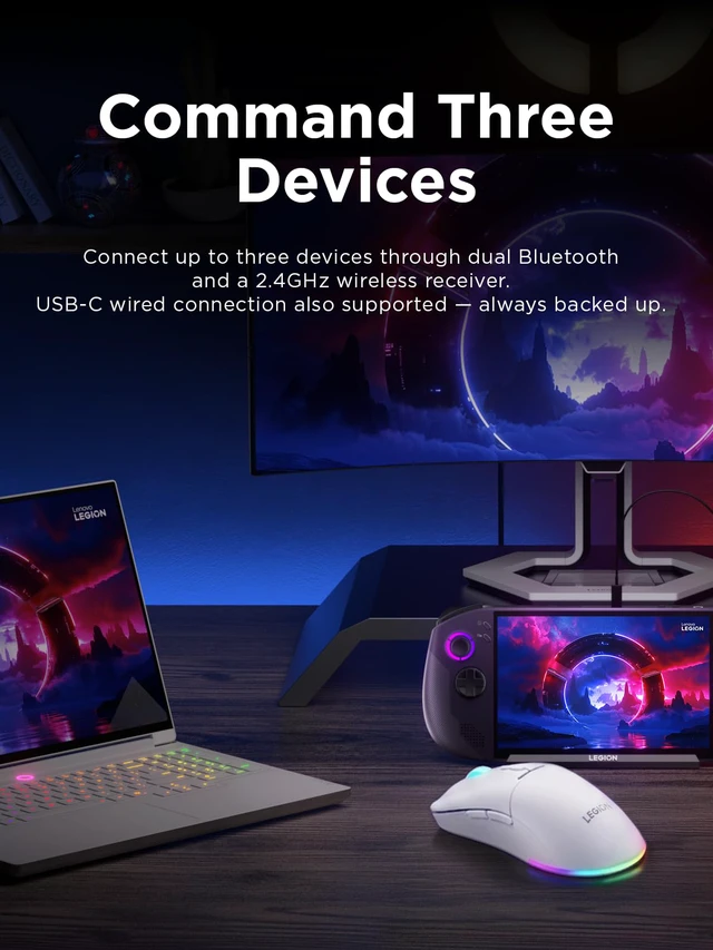 Alt view image 2 of 7 - Legion M220 Wireless RGB Gaming Mouse, Tri-Mode (Bluetooth, 2.4GHz & Wired), 5000 DPI Optical Sensor, 2-Zone RGB Lighting, 100Hr Battery, 7 Buttons, USB-C Rechargeable, Glacier White