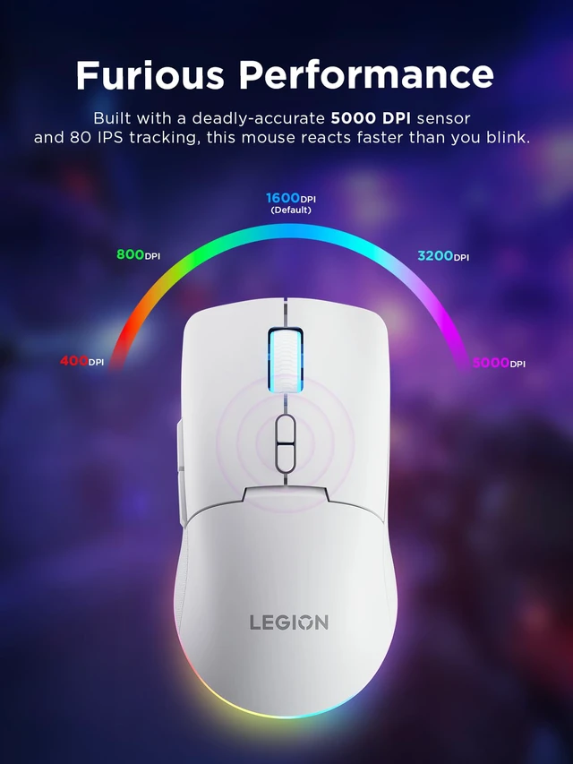 Alt view image 3 of 7 - Legion M220 Wireless RGB Gaming Mouse, Tri-Mode (Bluetooth, 2.4GHz & Wired), 5000 DPI Optical Sensor, 2-Zone RGB Lighting, 100Hr Battery, 7 Buttons, USB-C Rechargeable, Glacier White