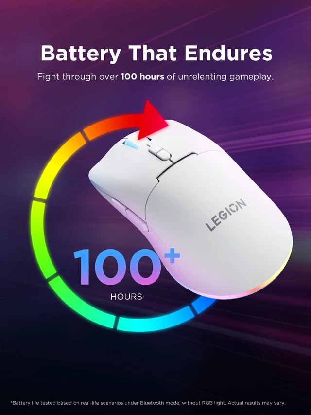 Alt view image 5 of 7 - Legion M220 Wireless RGB Gaming Mouse, Tri-Mode (Bluetooth, 2.4GHz & Wired), 5000 DPI Optical Sensor, 2-Zone RGB Lighting, 100Hr Battery, 7 Buttons, USB-C Rechargeable, Glacier White