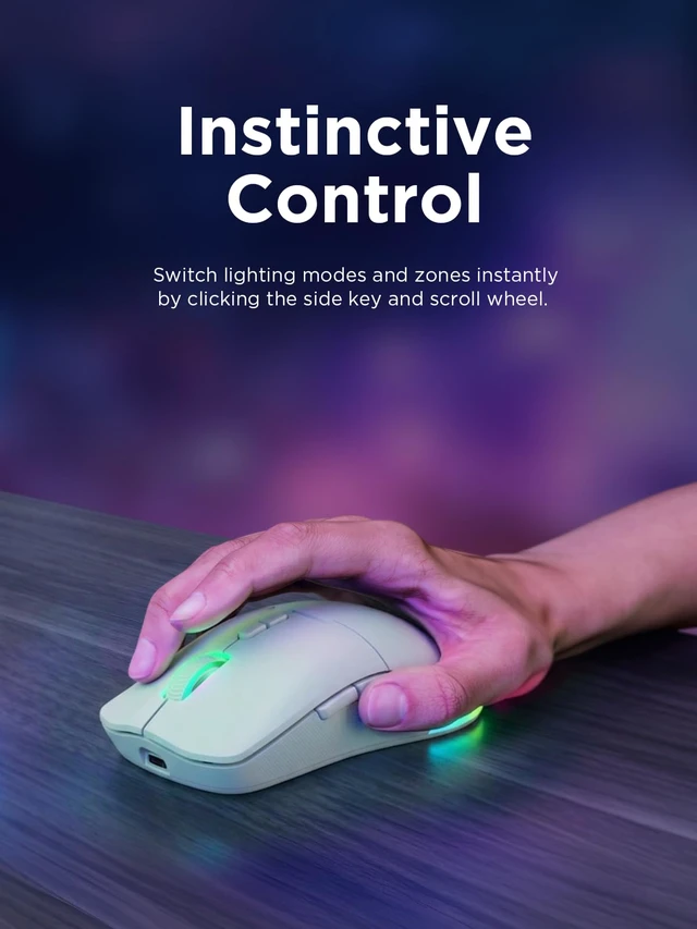Alt view image 6 of 7 - Legion M220 Wireless RGB Gaming Mouse, Tri-Mode (Bluetooth, 2.4GHz & Wired), 5000 DPI Optical Sensor, 2-Zone RGB Lighting, 100Hr Battery, 7 Buttons, USB-C Rechargeable, Glacier White